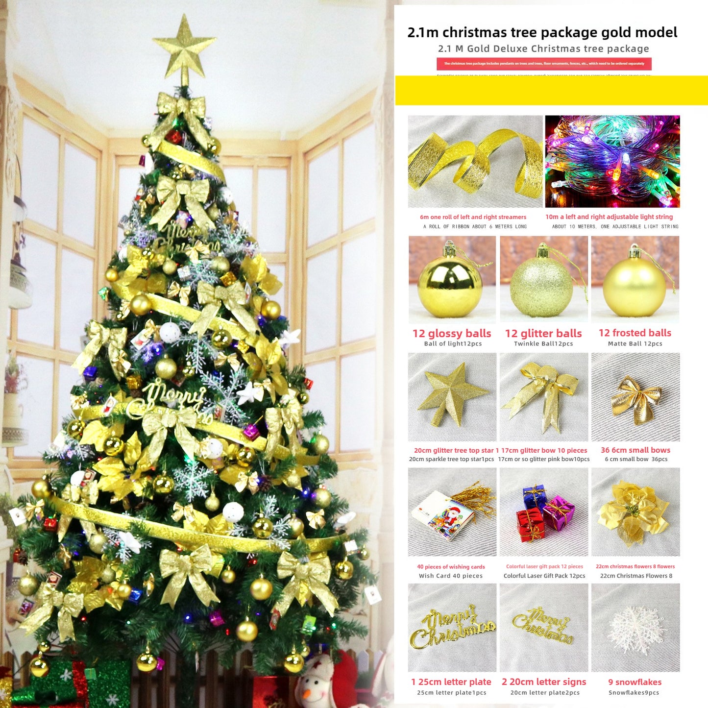TouchsmartEF | Christmas tree set 1 5/1.8/2.1 meters red and golden Christmas tree with the decor