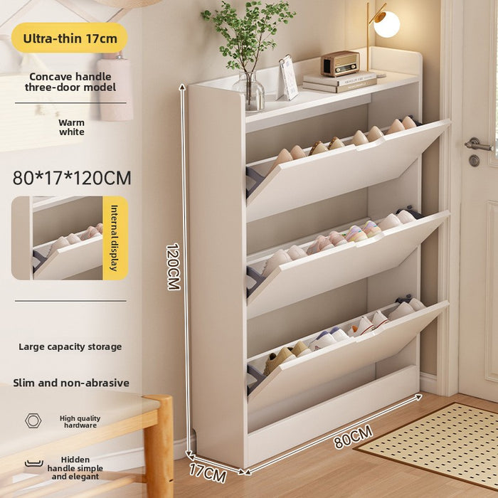 Solid wood ultra-thin tipping bucket shoe cabinet household door storage cabinet integrated against the wall indoor narrow shoe rack