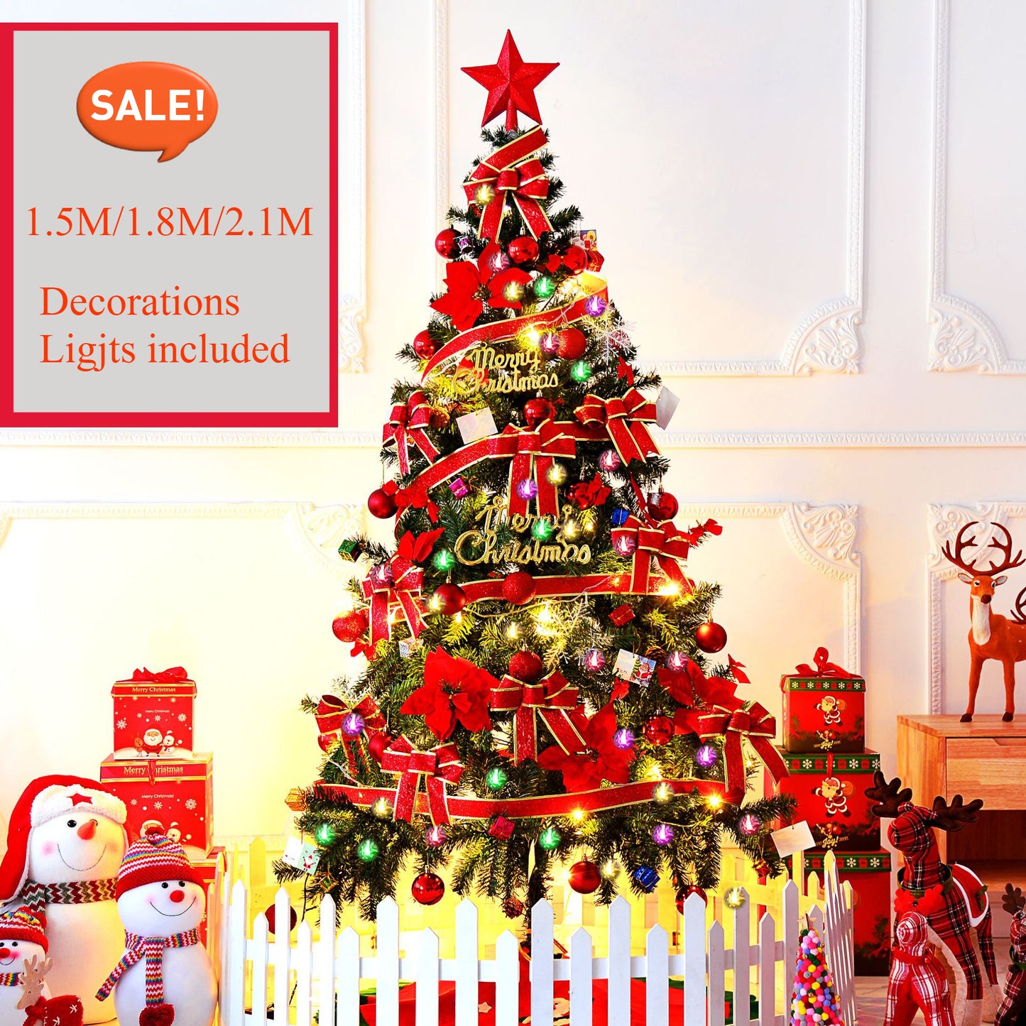 TouchsmartEF | Christmas tree set 1 5/1.8/2.1  meters  red and golden  Christmas tree with the decor
