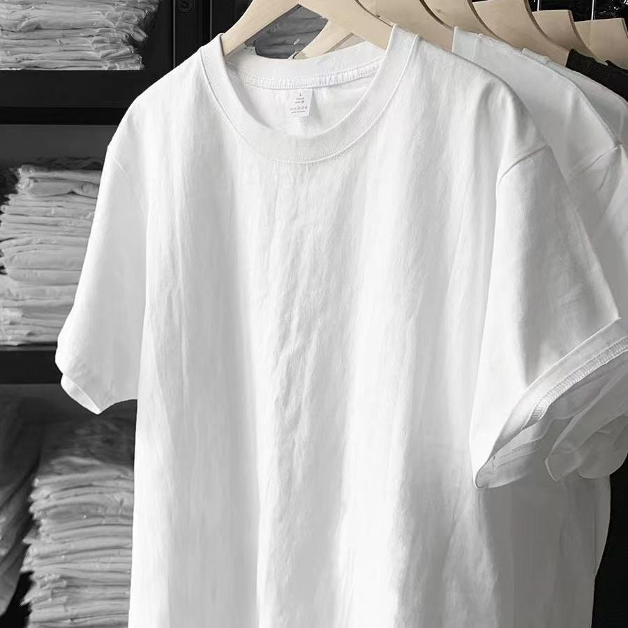 TouchsmartEF | Heavy 180g T-shirt, white pure cotton thick short sleeves, solid color loose basic bo