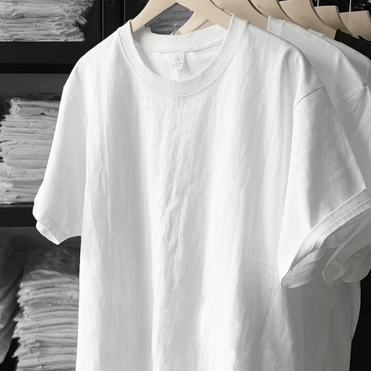 TouchsmartEF | Heavy 180g T-shirt, white pure cotton thick short sleeves, solid color loose basic bo
