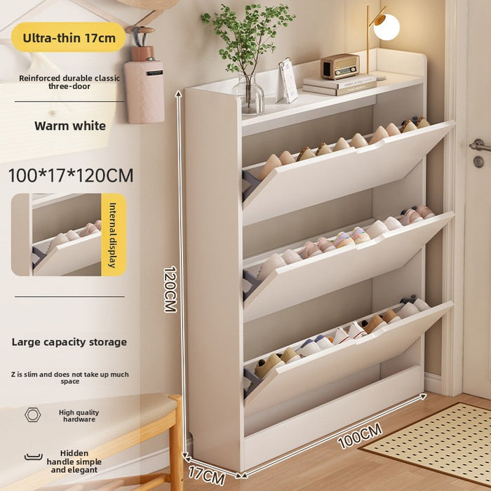 Solid wood ultra-thin tipping bucket shoe cabinet household door storage cabinet integrated against the wall indoor narrow shoe rack