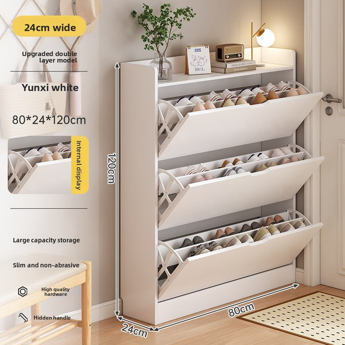 Solid wood ultra-thin tipping bucket shoe cabinet household door storage cabinet integrated against the wall indoor narrow shoe rack